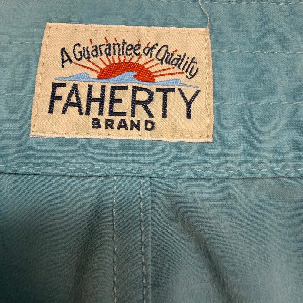 Faherty Brand Mens Board Shorts Size 32 Teal Blue Southwestern Tape Trim Stretch